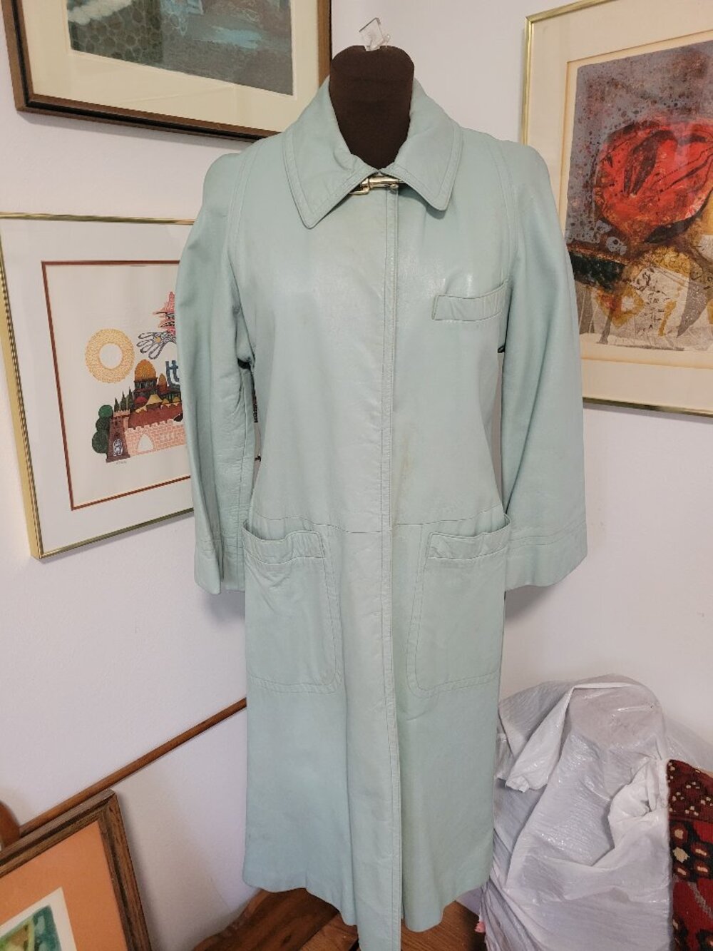 Vintage 70's Mint Green Leather Coat with Cool Closures and Hooks